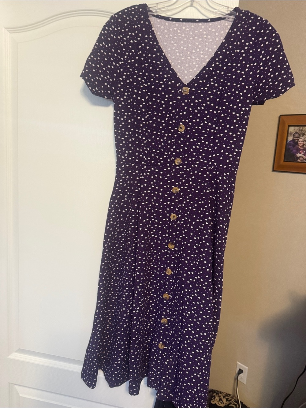 V-Neck Purple Midi Dress with Button Front and Heart Print